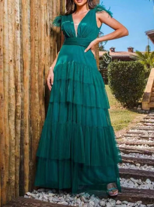 Peacock Strapped Deep V-Neck Layered Tulle Prom Dress with Feathers